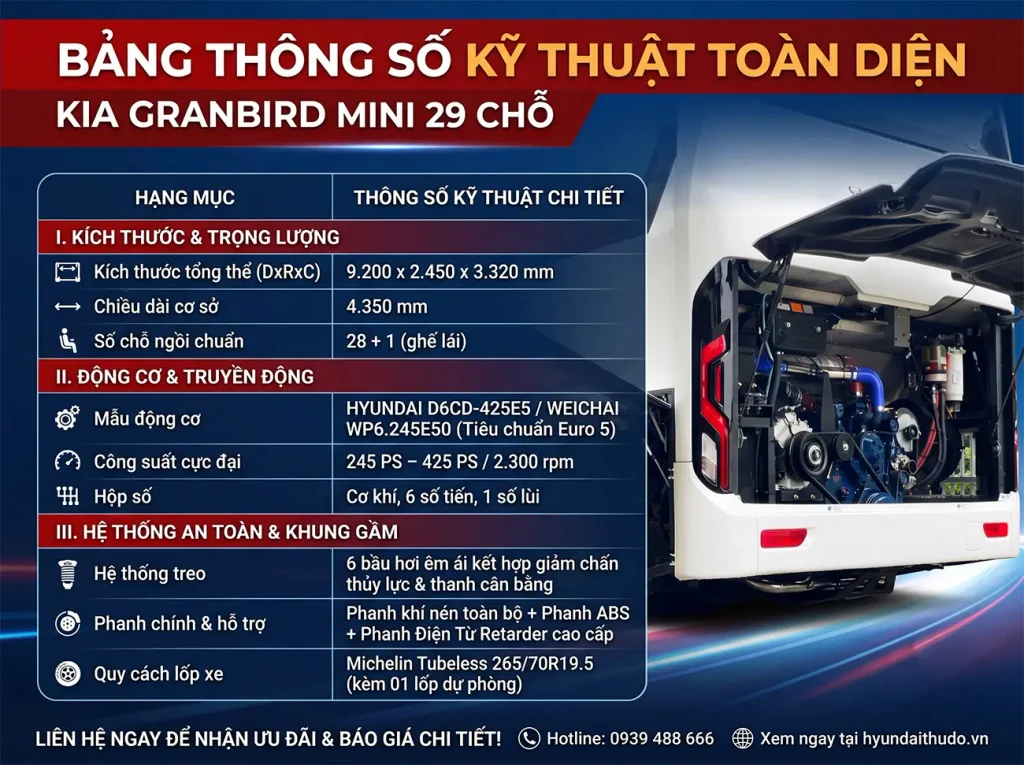 Bảng Thông Số Kỹ Thuật Toàn Diện Kia Granbird Mini 29 Chỗ